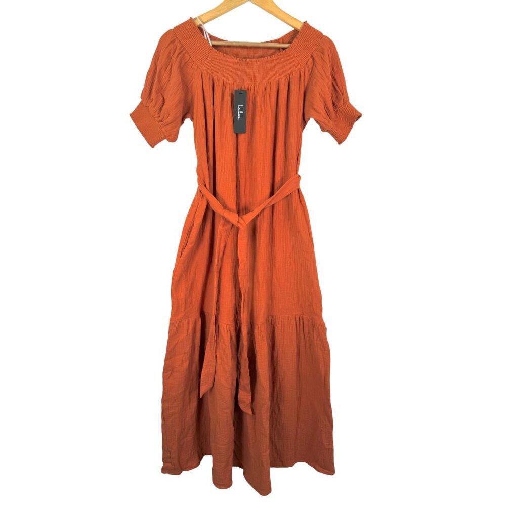 Lulus Rust Orange Off‎ shoulder gauzy tiered midi dress sz M